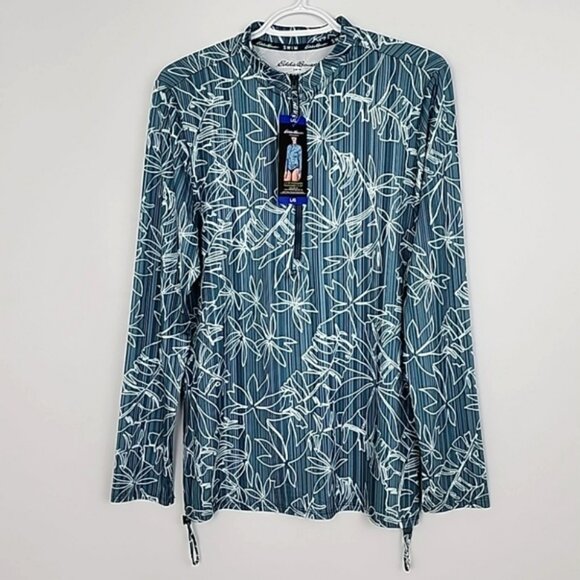 NWT Eddie Bauer Women Swim Top Teal Tropical Print 1/4 Zip Rashguard UPF 50 Sz L - Picture 1 of 14